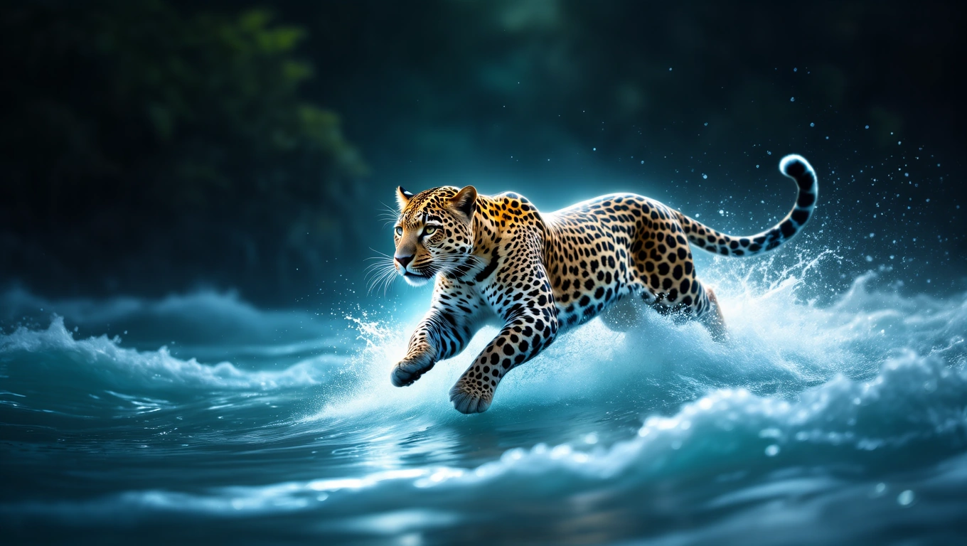 Un leopard sărind prin apă, simbolizând forța și curajul în vis.