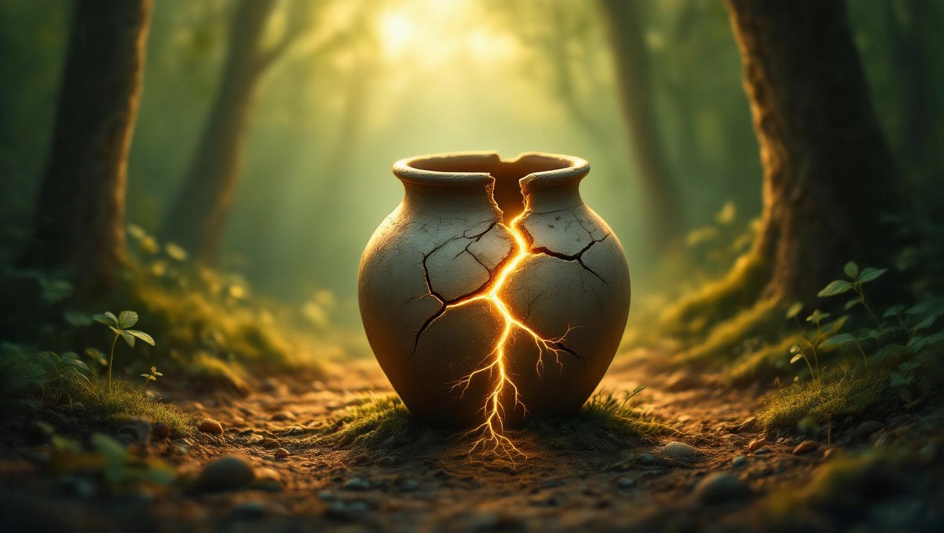 O oală crăpată, emanând o lumină strălucitoare, așezată pe un drum de pădure, simbolizând abundența și potențialul creativ.