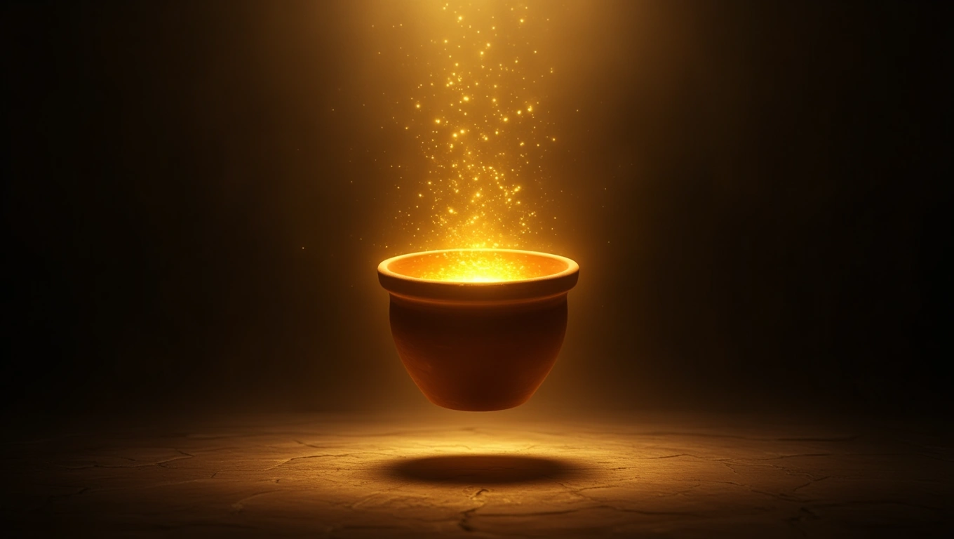 O oală suspendată în aer, emanând o lumină strălucitoare și particule aurii, simbolizând abundența și potențialul creativ.