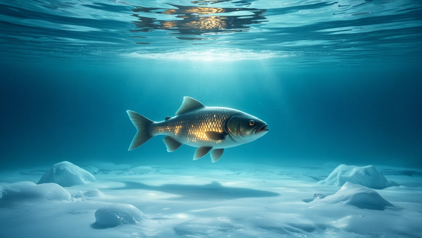 Un pește înotând în apă limpede, cu solzi strălucitori, simbolizând transformarea și renașterea.