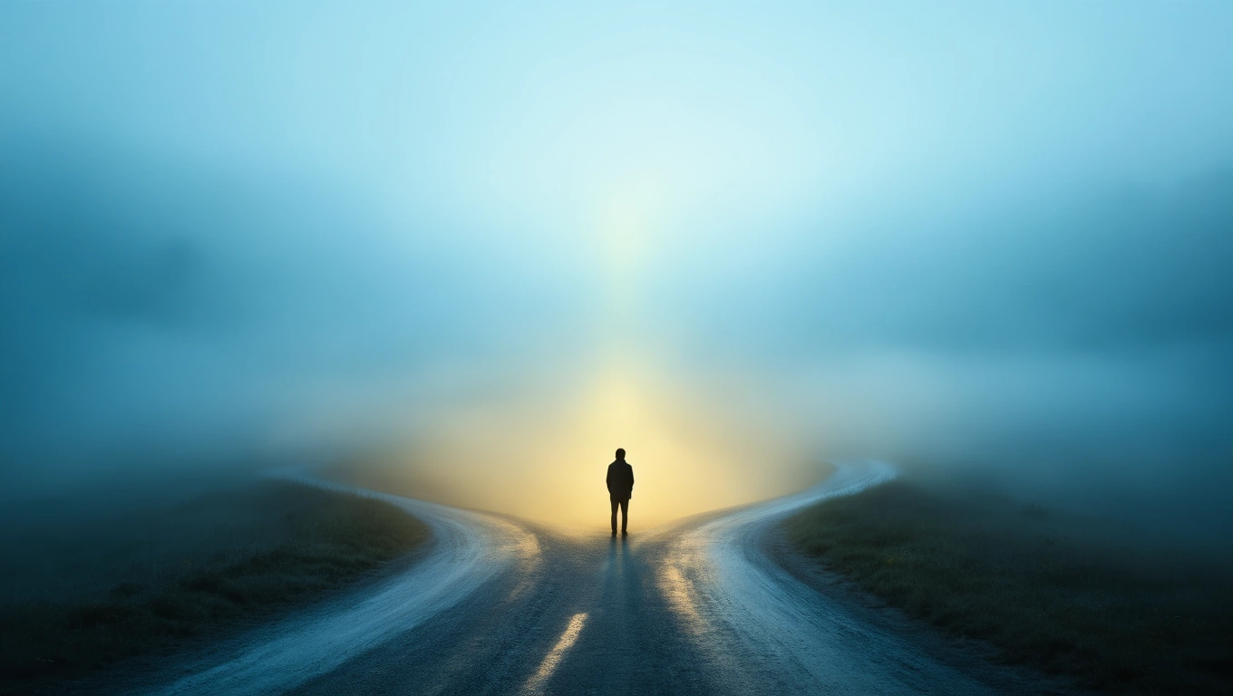 O persoană stă la o răscruce de drumuri, învăluită în ceață, simbolizând indecizia și căutarea de soluții în vis.