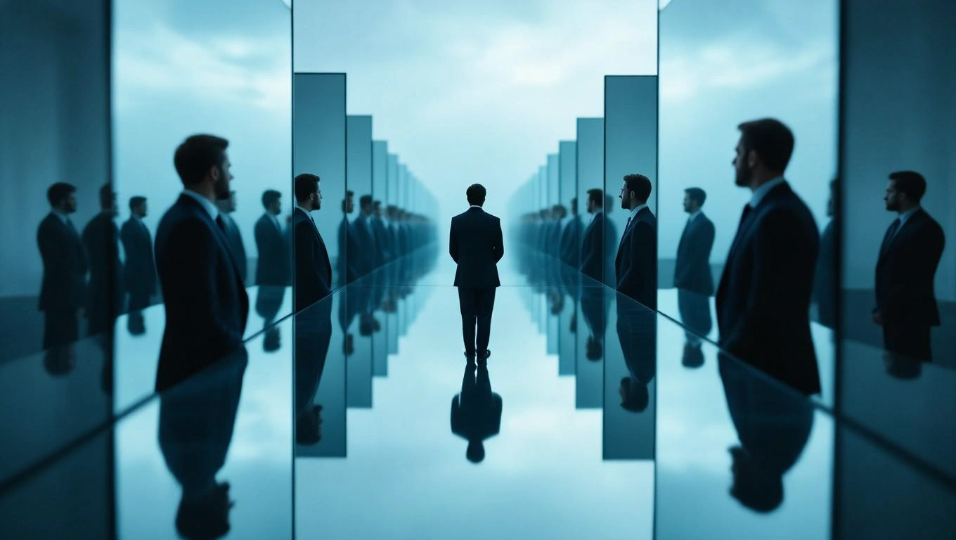 Un bărbat îmbrăcat elegant stă în fața unor oglinzi, reflectându-se în multiple imagini, simbolizând puterea și influența.