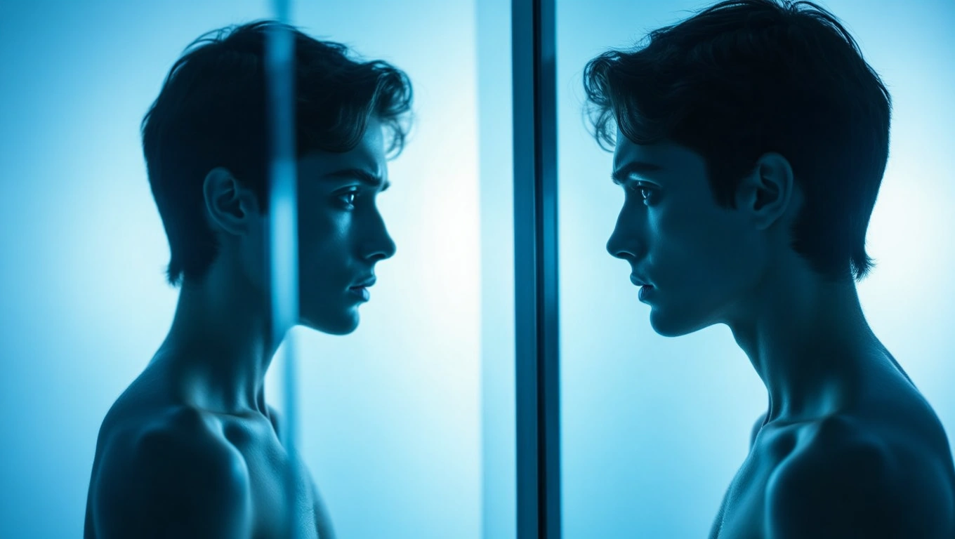 Un tânăr contemplativ, privindu-se în oglindă, reflectând asupra incertitudinilor interioare.