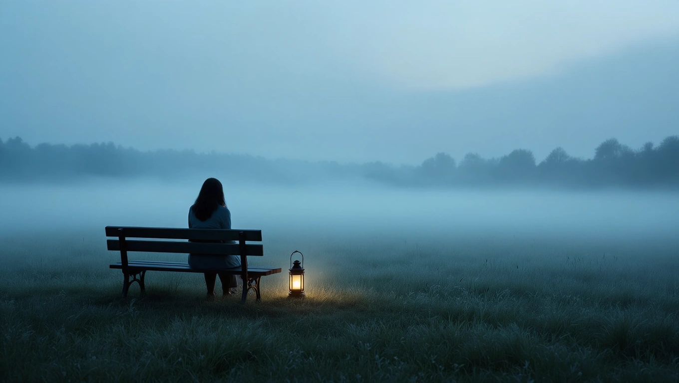 O femeie stă pe o bancă într-un peisaj de ceață, reflectând asupra singurătății.