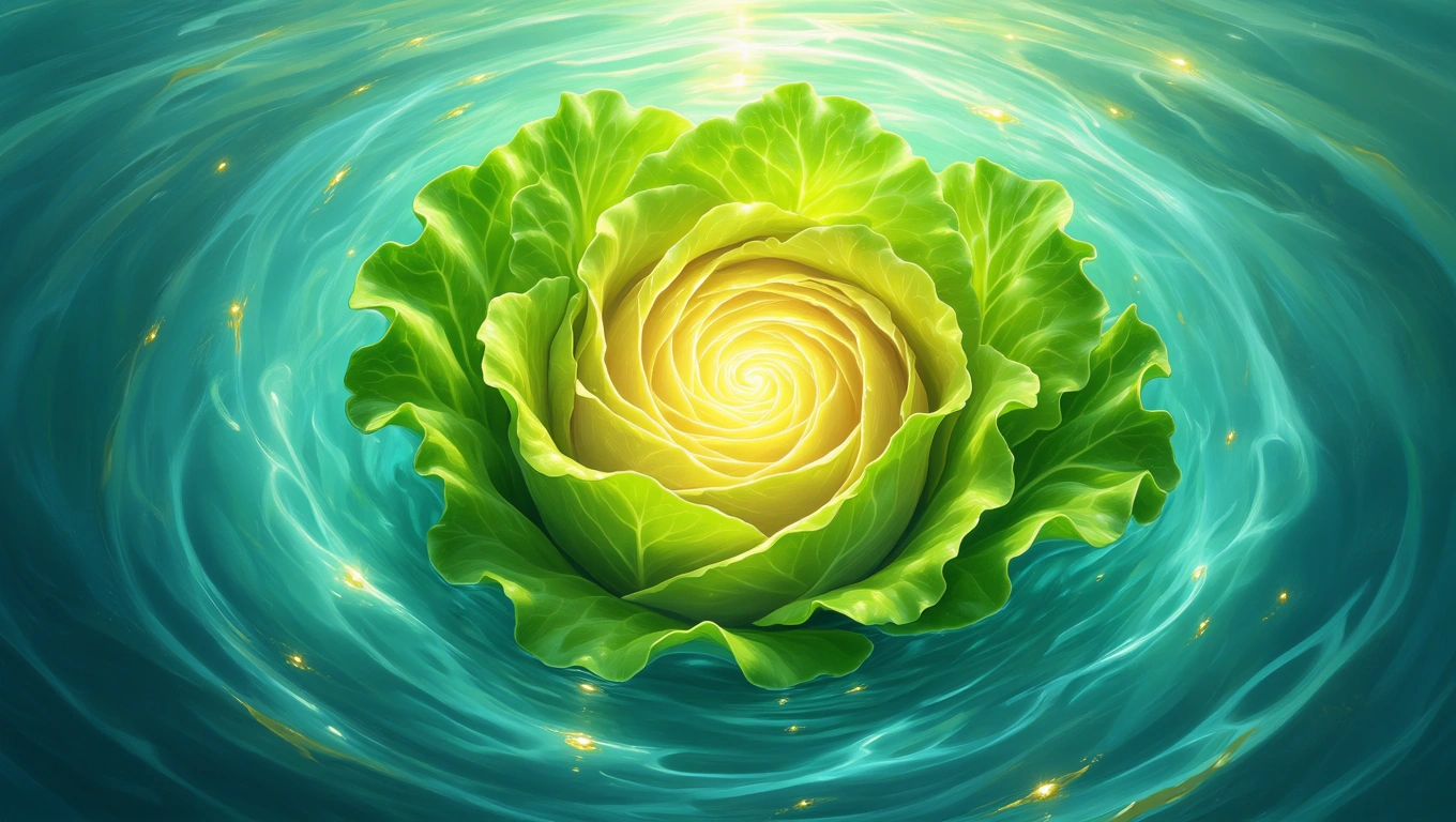 O salată verde proaspătă, cu frunze strălucitoare, plutind într-o apă cristalină, simbolizând prospețimea și echilibrul.