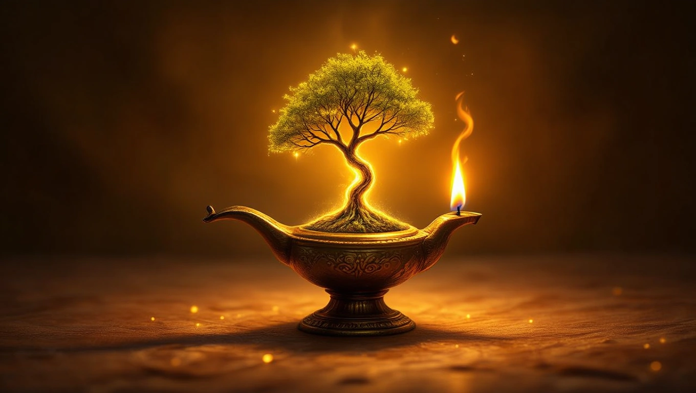 O lampă cu un copac verde care crește din ea, simbolizând iluminarea și revelațiile interioare.