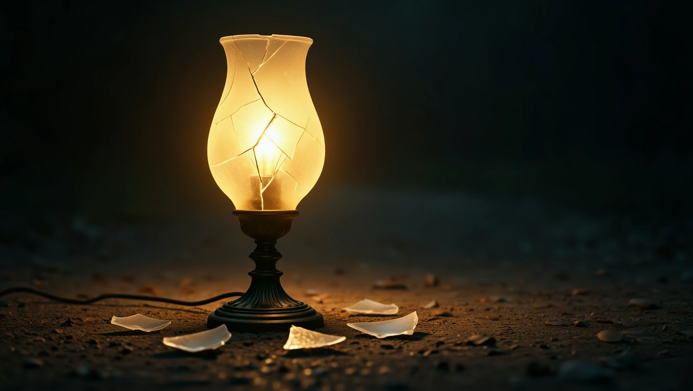 O lampă spartă, cu lumina caldă strălucind prin crăpături, simbolizând speranța și revelațiile interioare.