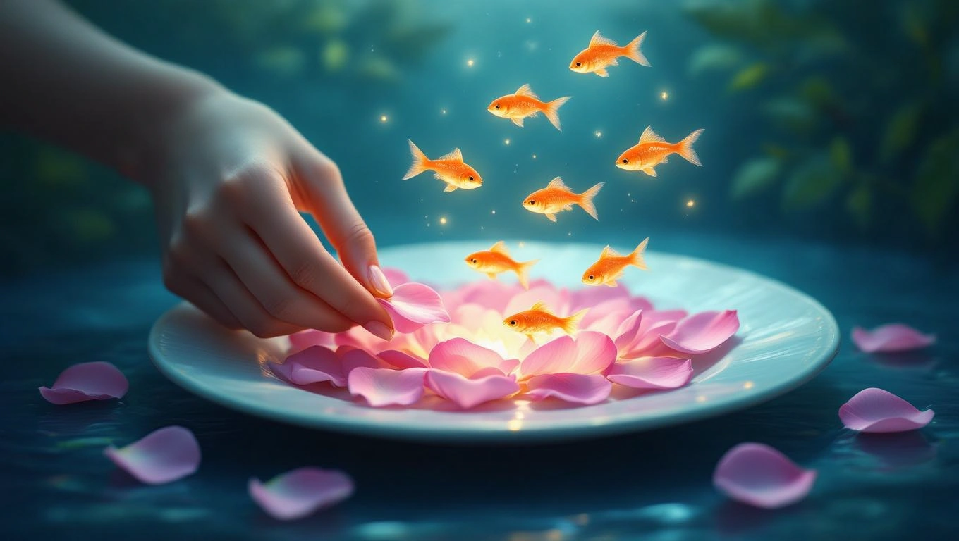 O farfurie albă cu petale de trandafir roz și peștișori aurii care înoată printre ele, simbolizând hrana spirituală.