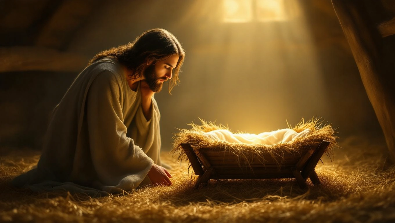 O scenă luminoasă cu o iesle, în care se află un copil, simbolizând începuturi modeste și speranță.