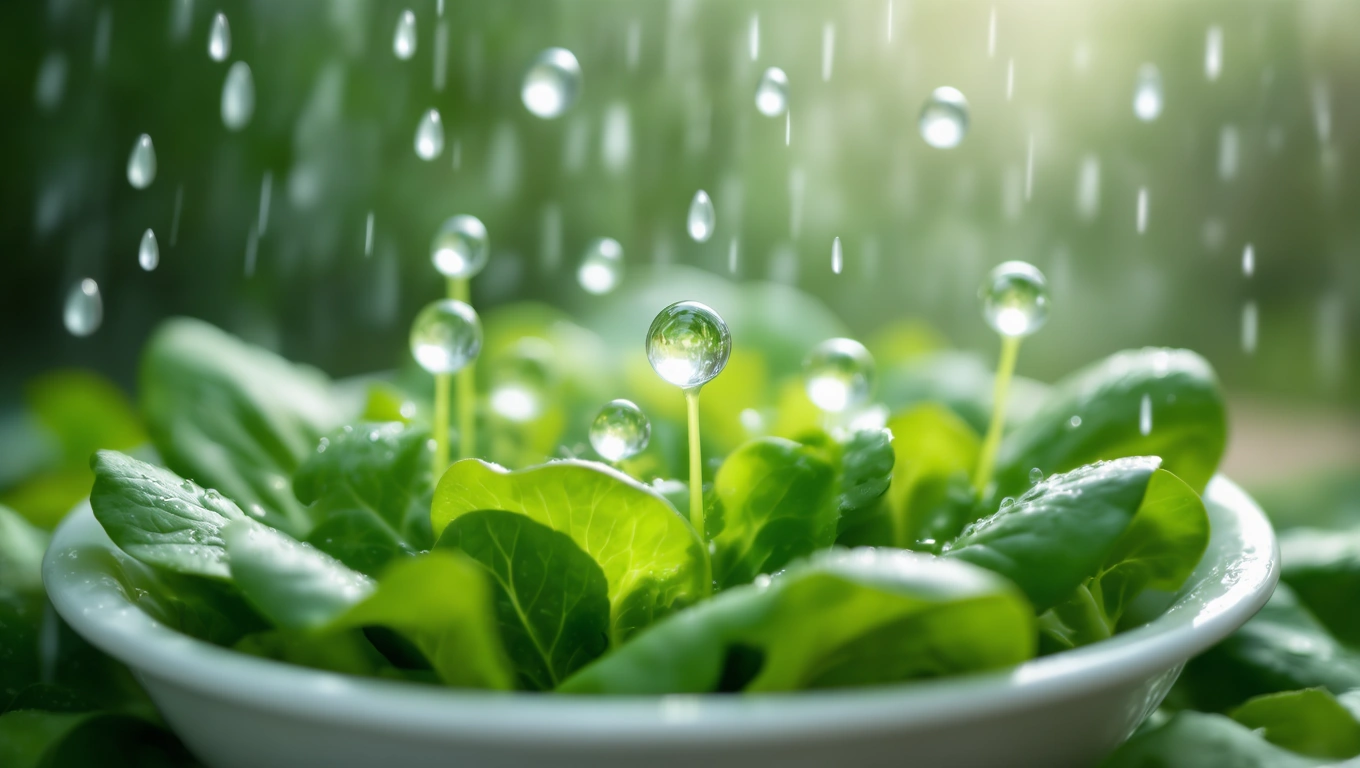 O salată proaspătă, cu frunze verzi strălucitoare, acoperită de picături de apă, simbolizând vitalitate și sănătate.