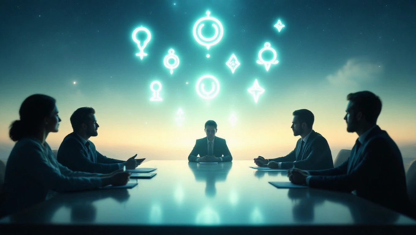 Un grup de oameni într-o întâlnire, cu simboluri luminoase plutind deasupra lor, sugerând idei și comunicare.