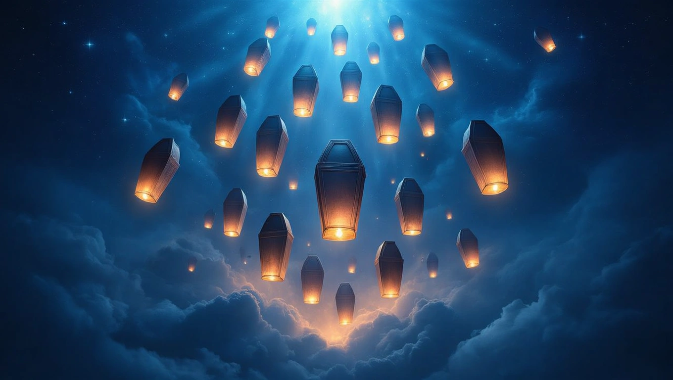 O serie de sicrie luminoase plutesc în cerul înstelat, simbolizând transformarea și renașterea.
