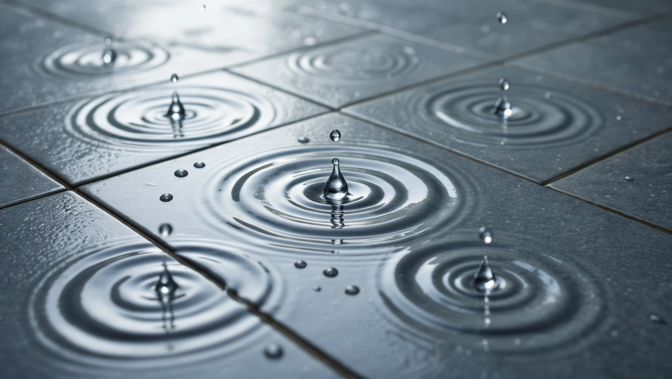 Picături de apă căzând pe faianță, creând cercuri concentrice pe suprafața lucioasă.