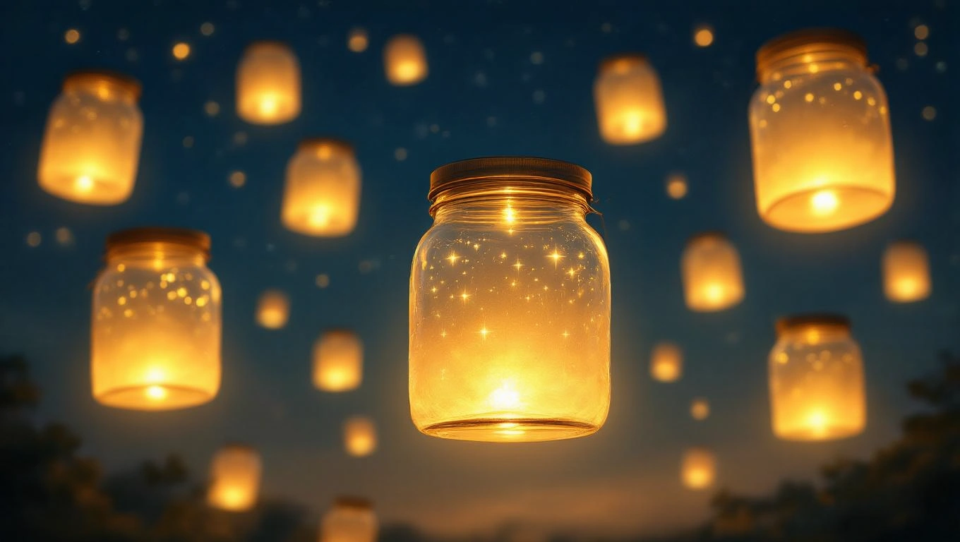 Un borcan strălucitor suspendat în aer, înconjurat de lumini calde, simbolizând amintiri și emoții prețioase.