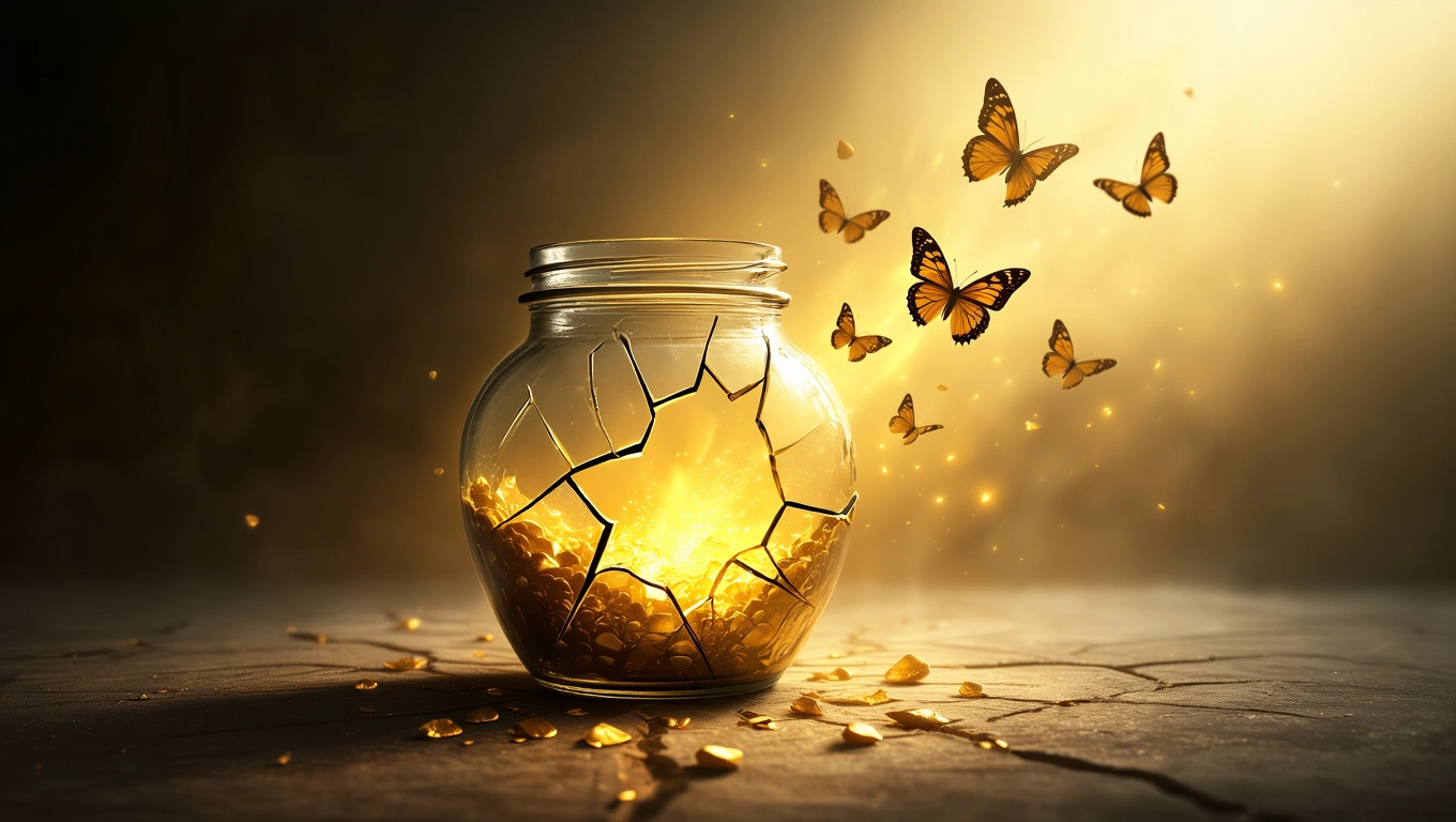 Un borcan crăpat, plin de pietre strălucitoare, emanând o lumină caldă, înconjurat de fluturi portocalii.