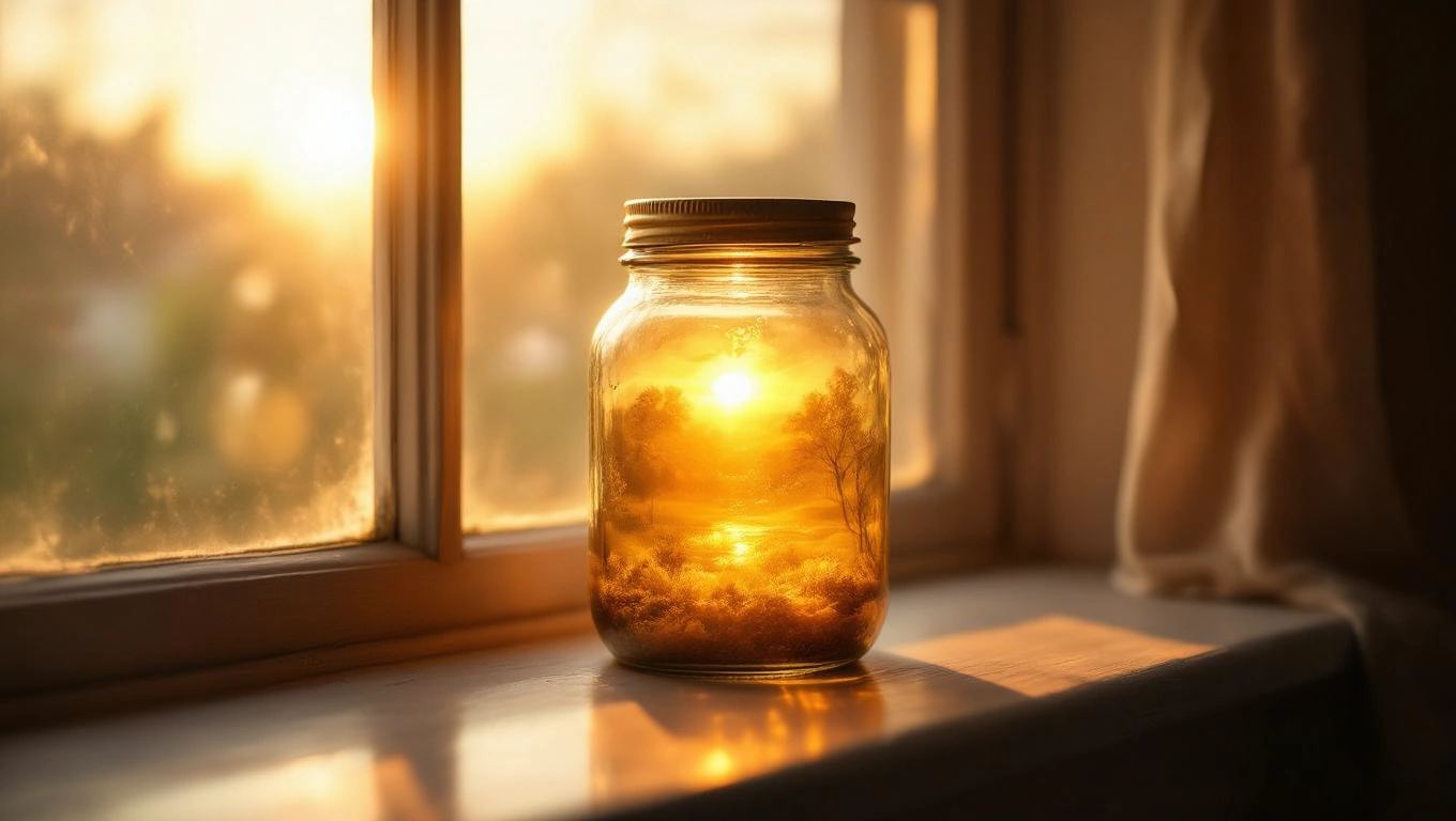 Un borcan pe o fereastră, capturând lumina soarelui și reflectând un peisaj idilic în interior.