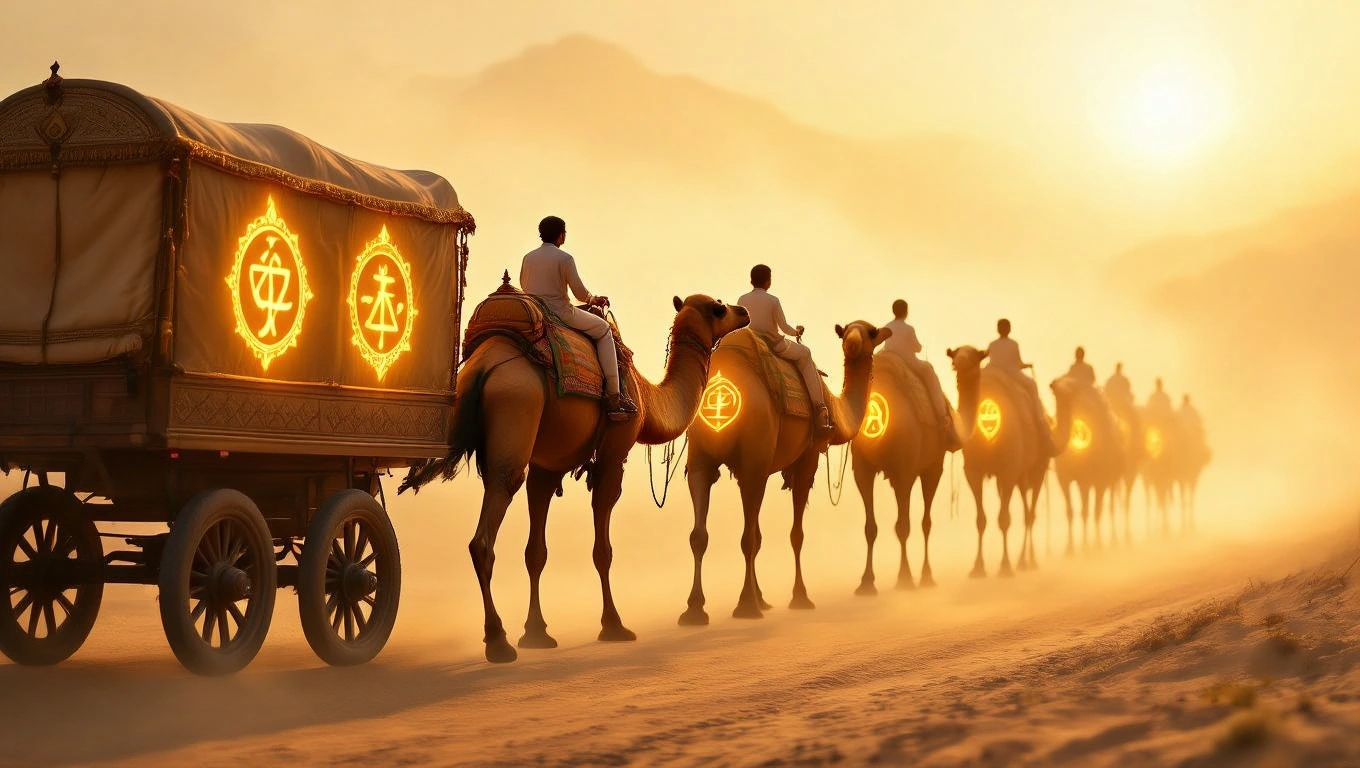 O caravană de cămile traversează un peisaj deșertic, simbolizând aventura și explorarea.