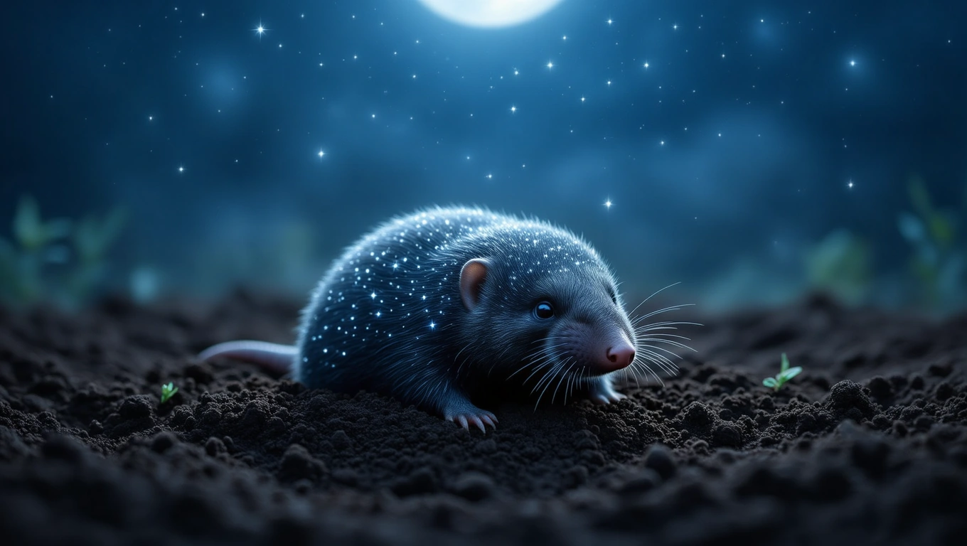 O cârtiță cu blană strălucitoare, așezată pe pământ întunecat, sub un cer plin de stele.