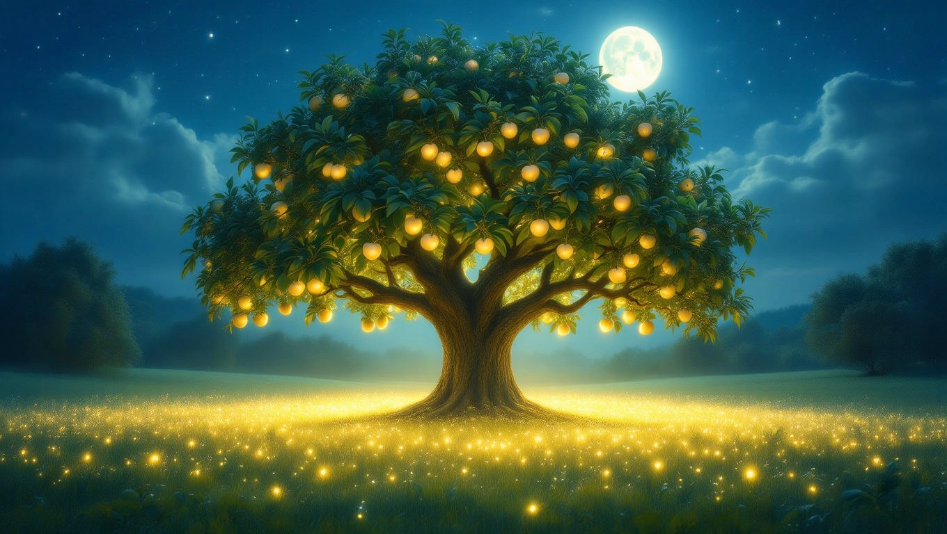 Un castan mare, plin de fructe strălucitoare, sub o lună plină, simbolizând puterea interioară și stabilitatea.