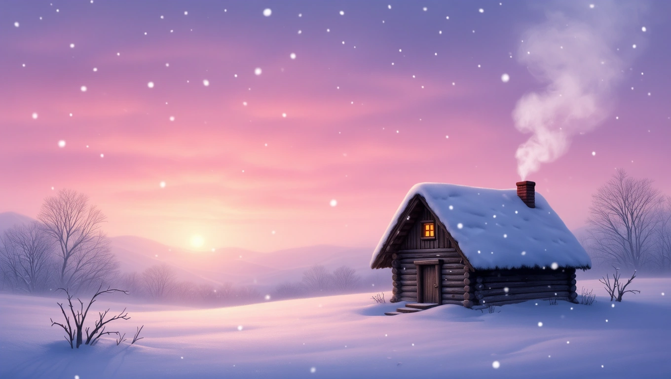 O colibă din lemn acoperită cu zăpadă, înconjurată de un peisaj de iarnă, cu un apus roz în fundal.