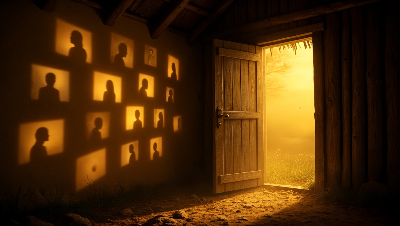 O colibă rustică cu ușa deschisă, luminate de razele soarelui, aruncând umbre pe pereți.