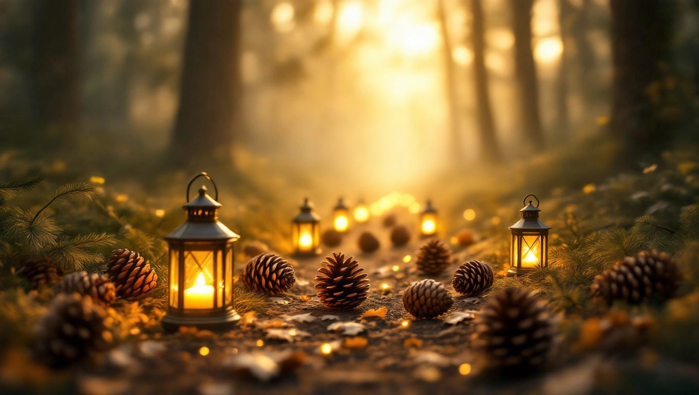 O potecă în pădure, decorată cu conuri de brad și felinare strălucitoare, simbolizând speranța și noi începuturi.