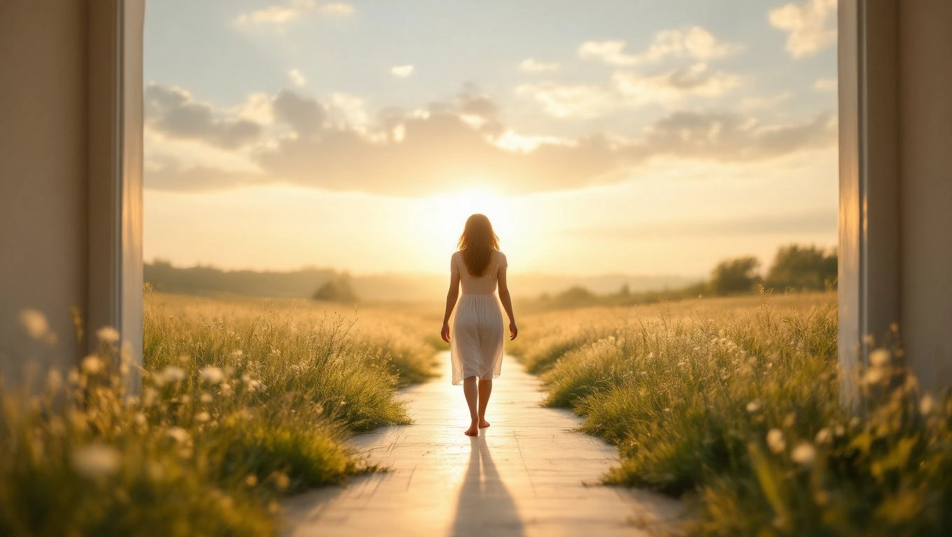 O femeie îmbrăcată în alb merge pe un coridor deschis, în fața ei se află un peisaj luminos, simbolizând noi începuturi.