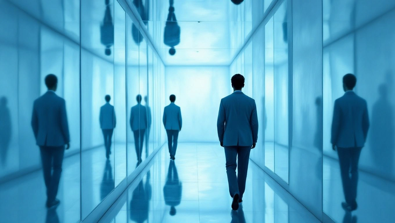 Un bărbat îmbrăcat elegant merge pe un coridor luminos, cu pereți din sticlă, reflectându-se în oglindă.