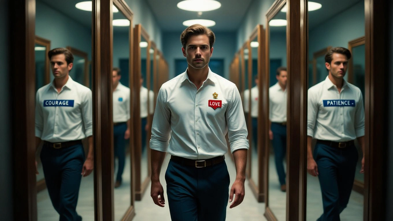 Un bărbat îmbrăcat în cămașă albă, purtând un ecuson cu inscripția 'LOVE', merge pe un coridor cu oglinzi, simbolizând identitatea și valorile personale.