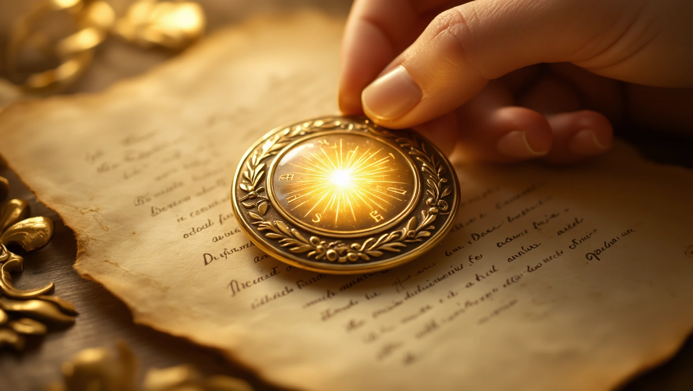 O mână ține un ecuson auriu cu un simbol strălucitor, pe un fundal de pergament.