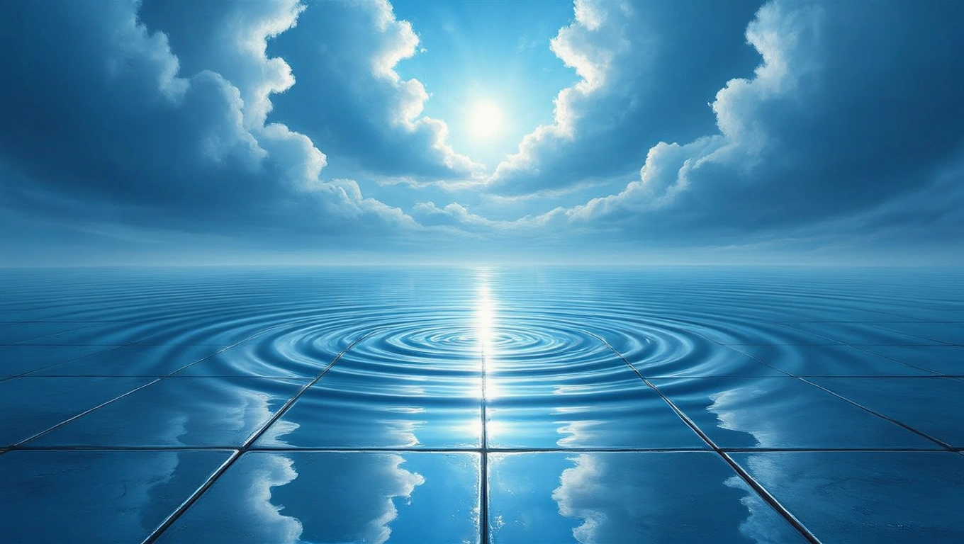 O suprafață de faianță reflectă cerul albastru și nori, cu valuri de apă care creează cercuri concentrice, simbolizând stabilitate și armonie.