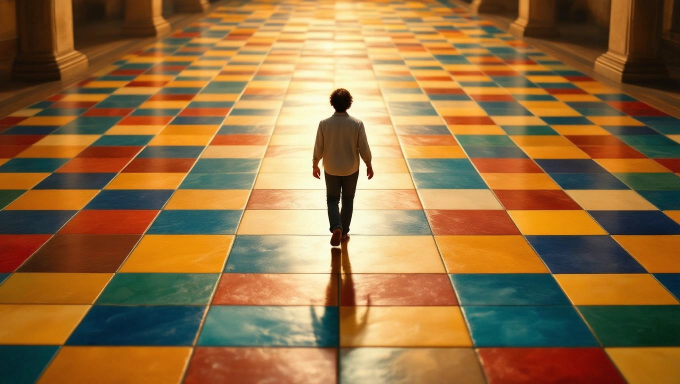 O persoană merge pe un podea colorată din faianță, simbolizând stabilitate și ordine în vis.