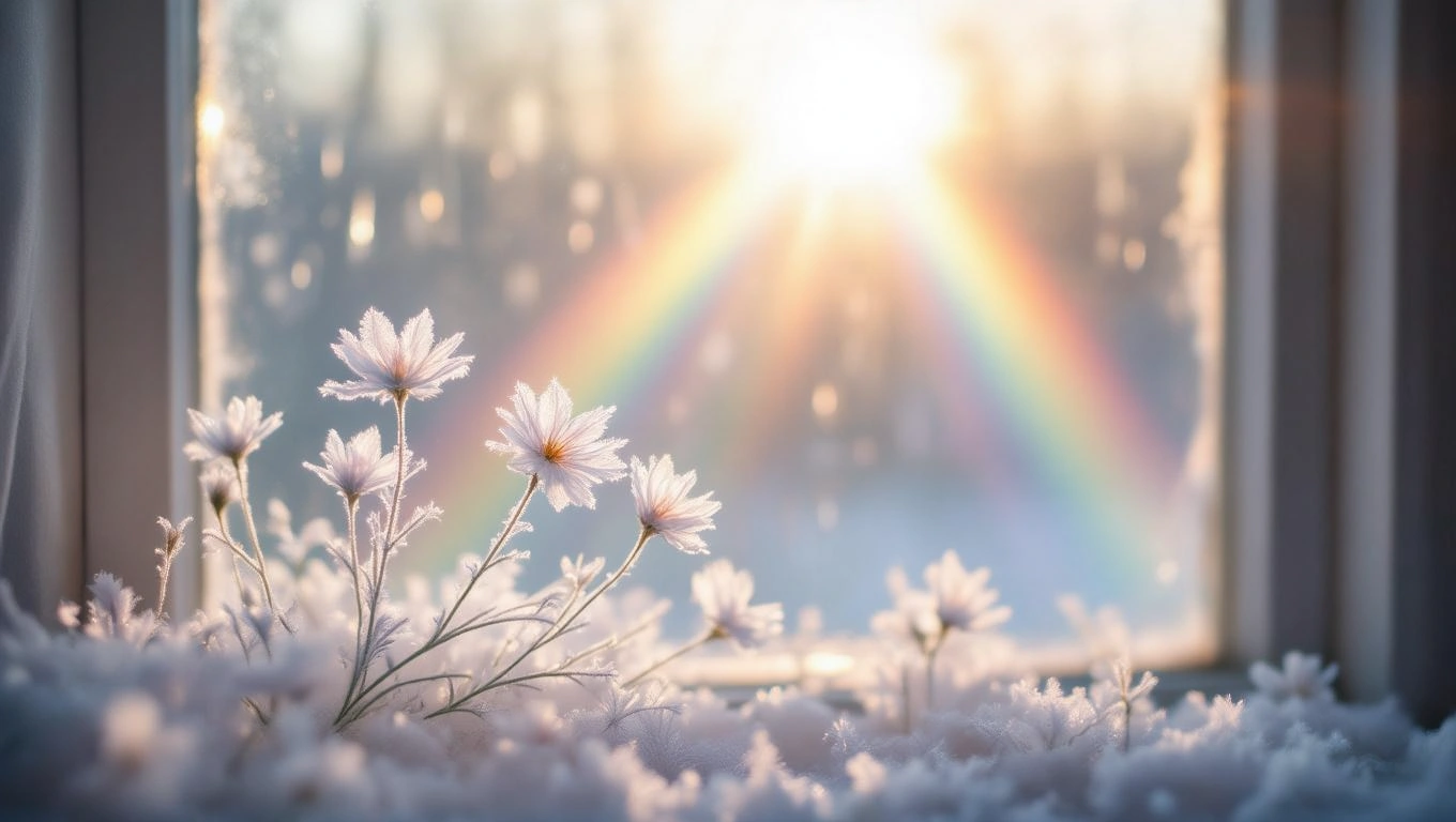 Flori delicate de gheață cresc pe pervazul unei feronerie, strălucind în lumina soarelui.