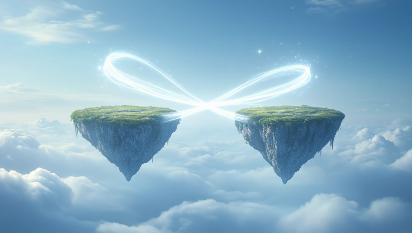 O imagine onirică cu două insule plutitoare, simbolizând legături și începuturi noi, înconjurate de nori.