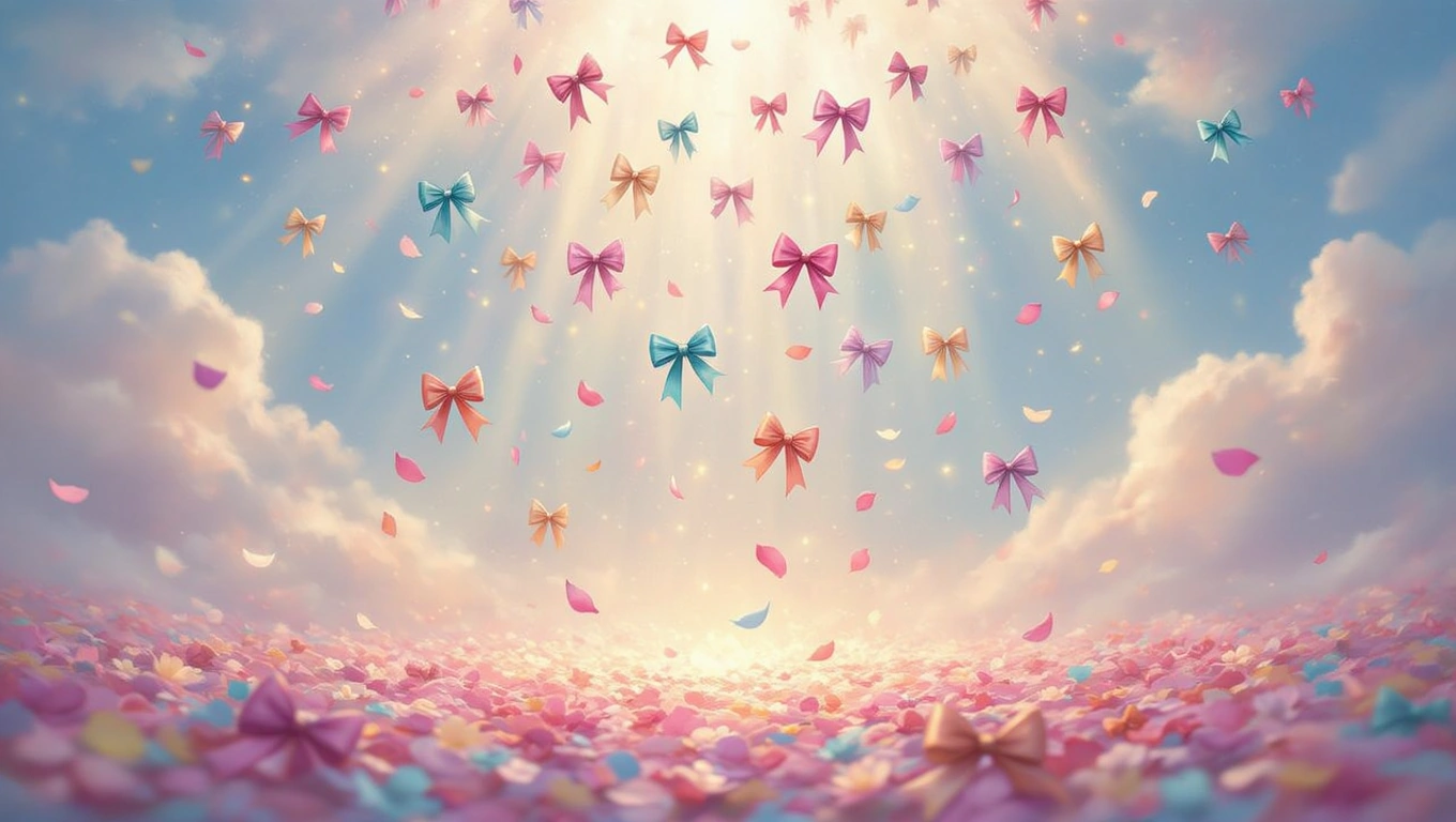 O mulțime de fundițe colorate plutesc în aer, înconjurate de petale de flori, sub un cer senin.