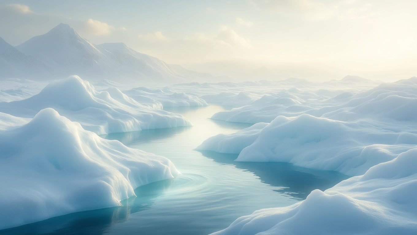 O bucată de gheață plutitoare în mijlocul unui peisaj înghețat, cu ape cristaline și munți în fundal.