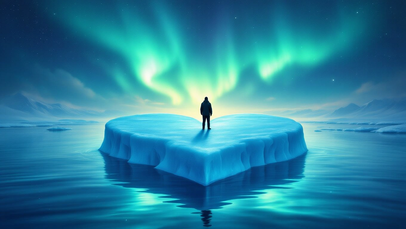 O bucată de gheață în formă de inimă plutește pe apă, sub un cer înstelat și aurora boreală.