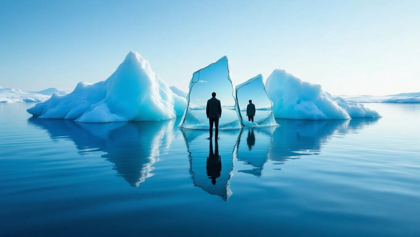 Un bărbat stă pe malul unui lac liniștit, în fața unor blocuri de gheață plutitoare, reflectându-se în apă.