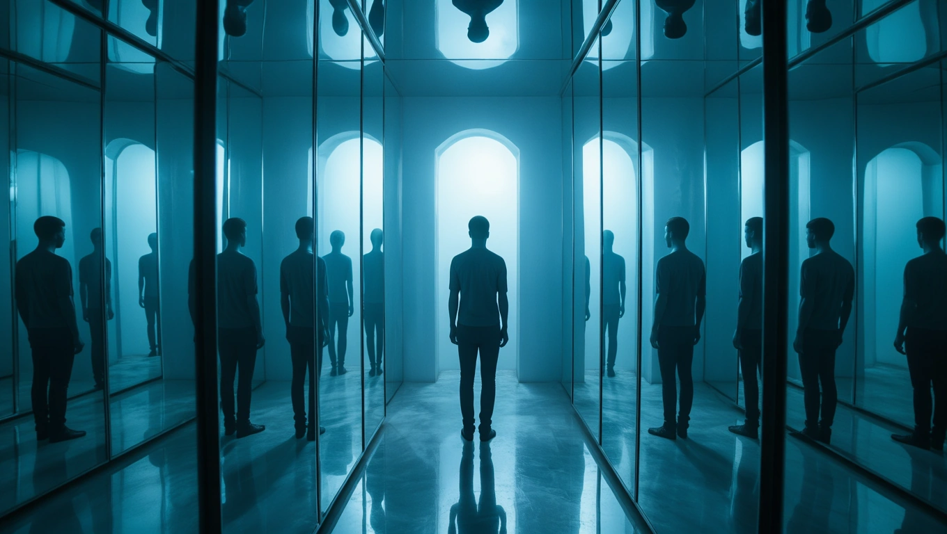O încăpere cu oglinzi reflectând o siluetă umană, simbolizând introspecția și explorarea sinelui.