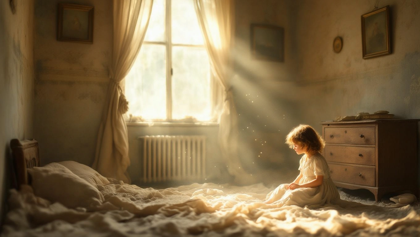 O încăpere luminoasă, cu un copil care stă pe pat, reflectând asupra gândurilor sale interioare.