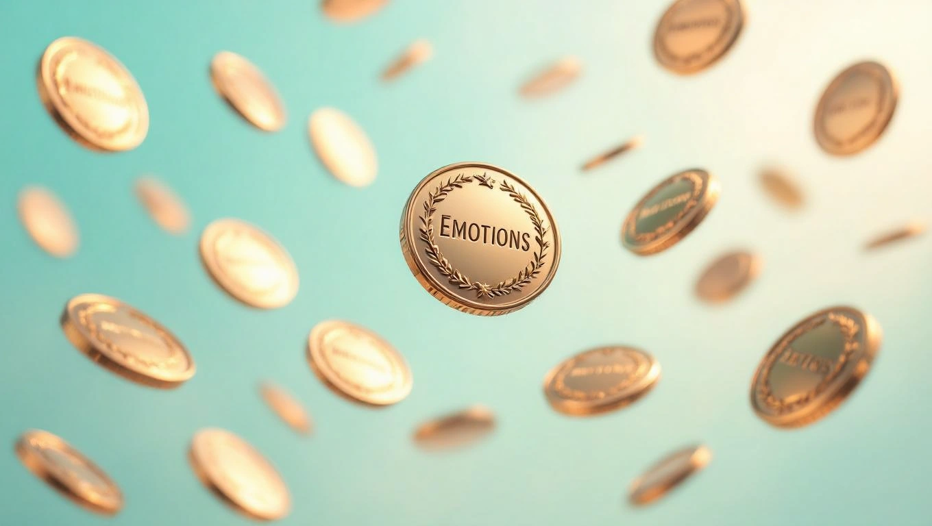 O insignă aurie cu cuvântul 'EMOTIONS' plutește printre alte insigne, simbolizând recunoașterea sentimentelor.