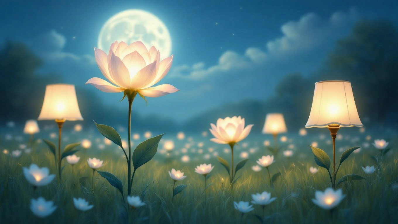 O lampa strălucitoare în mijlocul unei grădini pline de flori albe, sub lumina lunii.