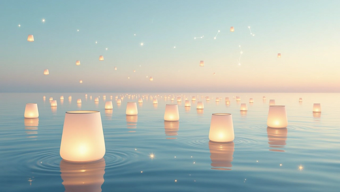 O mare calmă cu lumini de lampă plutind pe apă, simbolizând speranța și iluminarea minții.