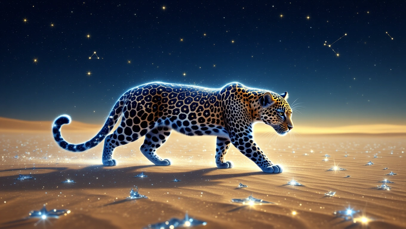 Un leopard elegant, cu blana cu pete distincte, pășește pe un nisip strălucitor sub un cer înstelat.