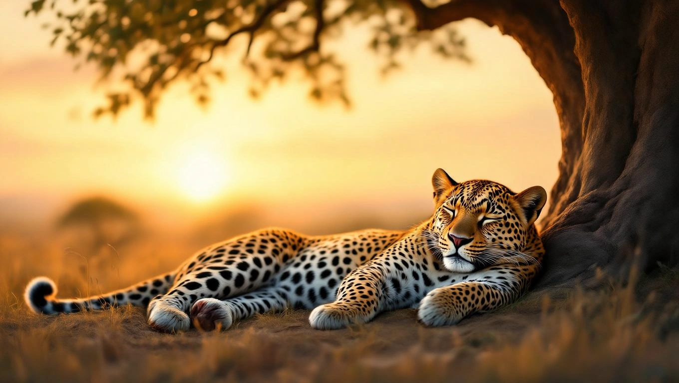 Un leopard relaxându-se sub un copac, cu blana sa distinctivă și un fundal de apus.
