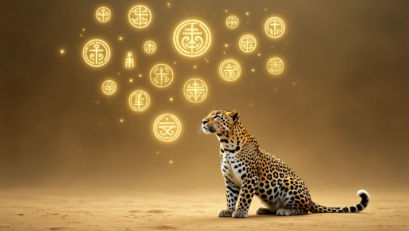 Un leopard elegant stă pe un fundal nisipos, înconjurat de simboluri luminoase care sugerează puterea și curajul.