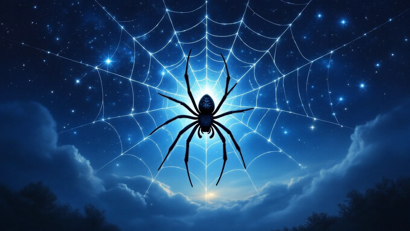 Un păianjen cruce stă pe o pânză strălucitoare, înconjurat de un cer înstelat, simbolizând protecție și transformare.