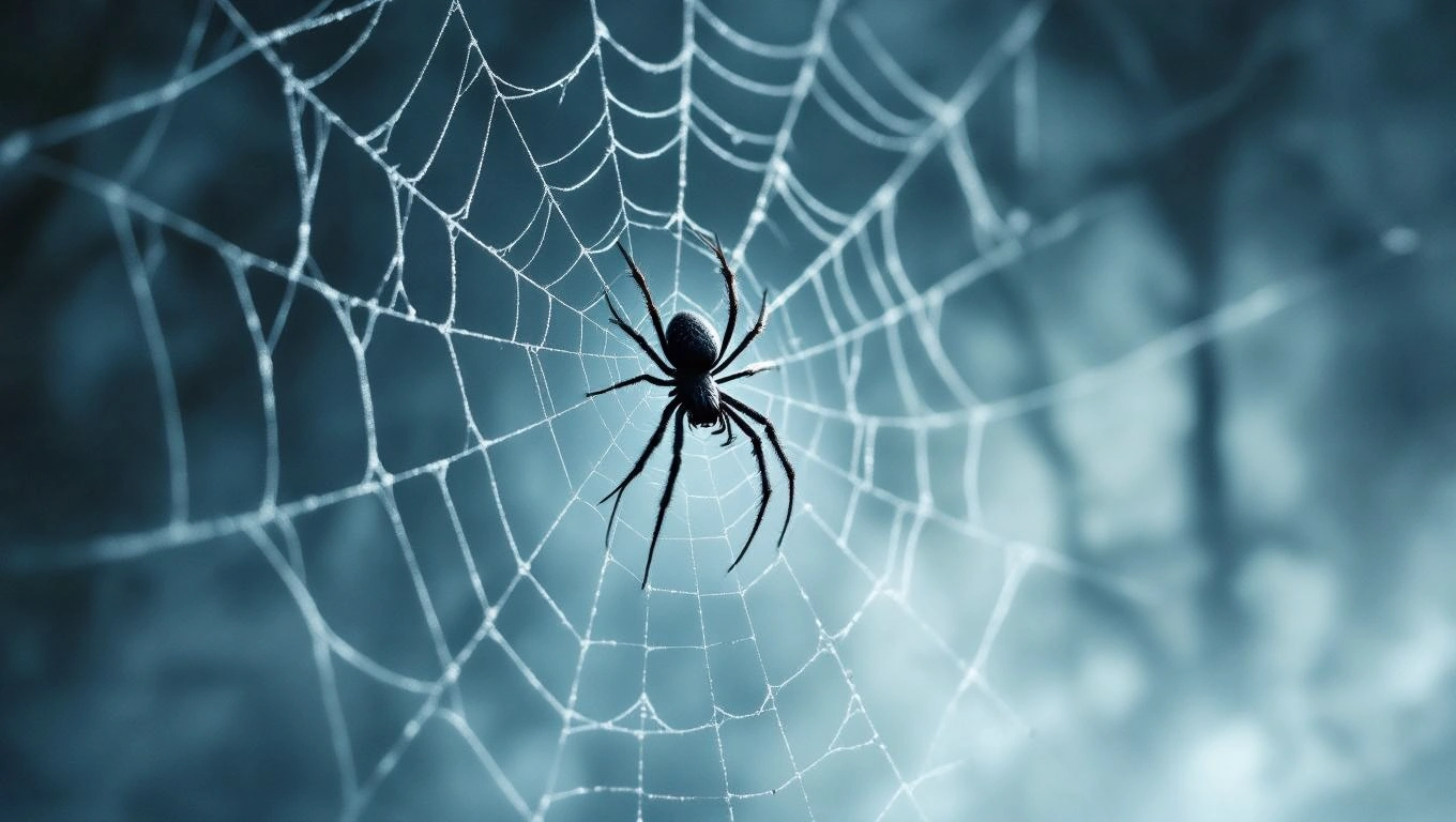 Un păianjen cruce stă pe o pânză de păianjen, simbolizând protecție și creativitate în vise.