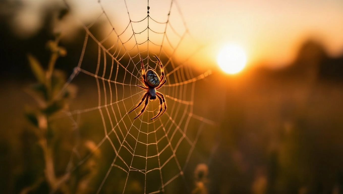 Un păianjen cruce stă pe o pânză strălucitoare, iluminată de soarele apus.