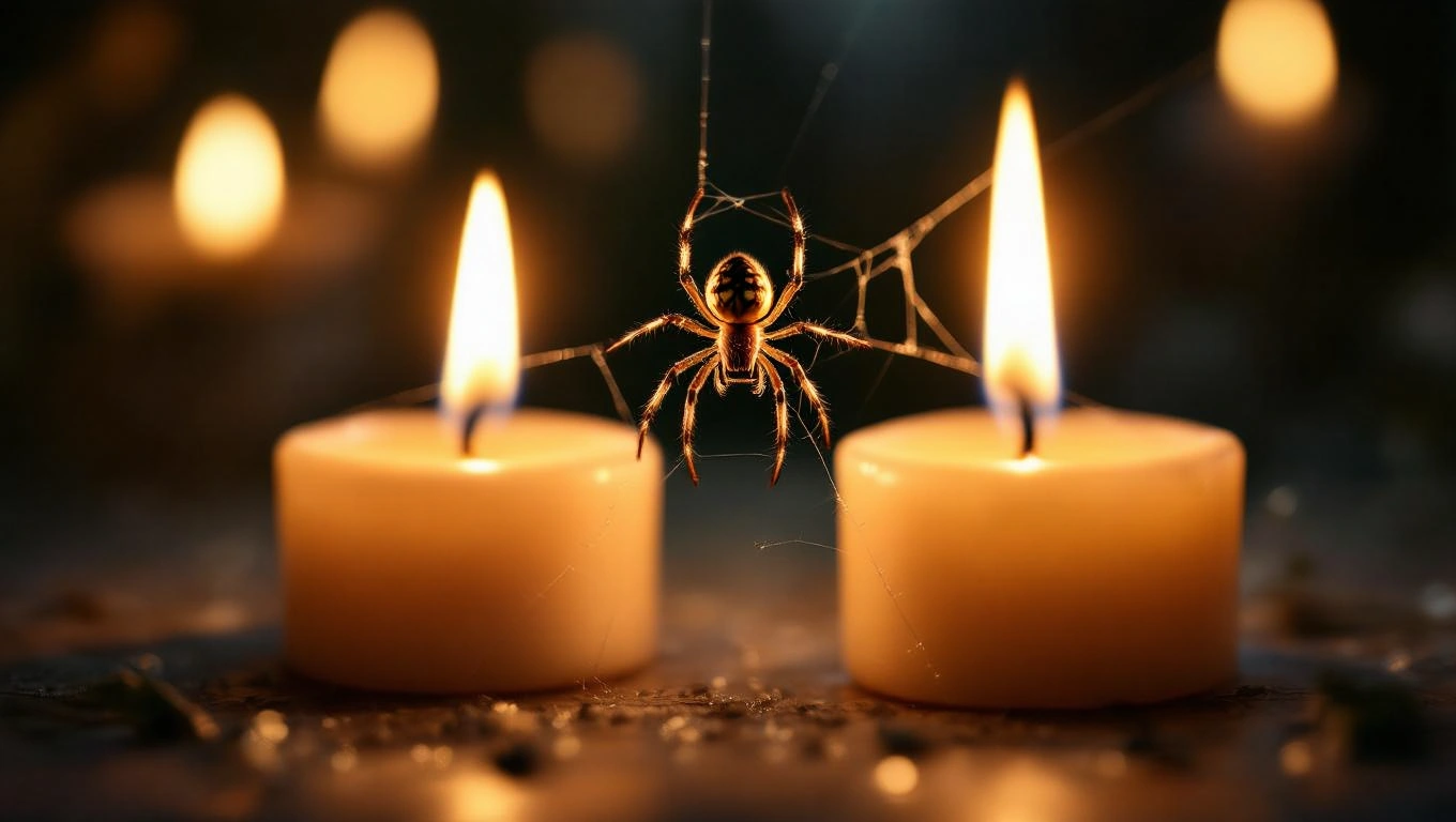 Un păianjen cruce stă pe o pânză de păianjen, între două lumânări aprinse, simbolizând protecția și creativitatea în vise.